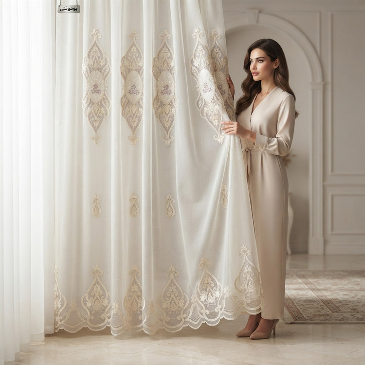 پرده تور گلدوزی سنگین گل درشت قیطون دوزی،مروارید دوزی با گل مخمل دالبر دار کدv2